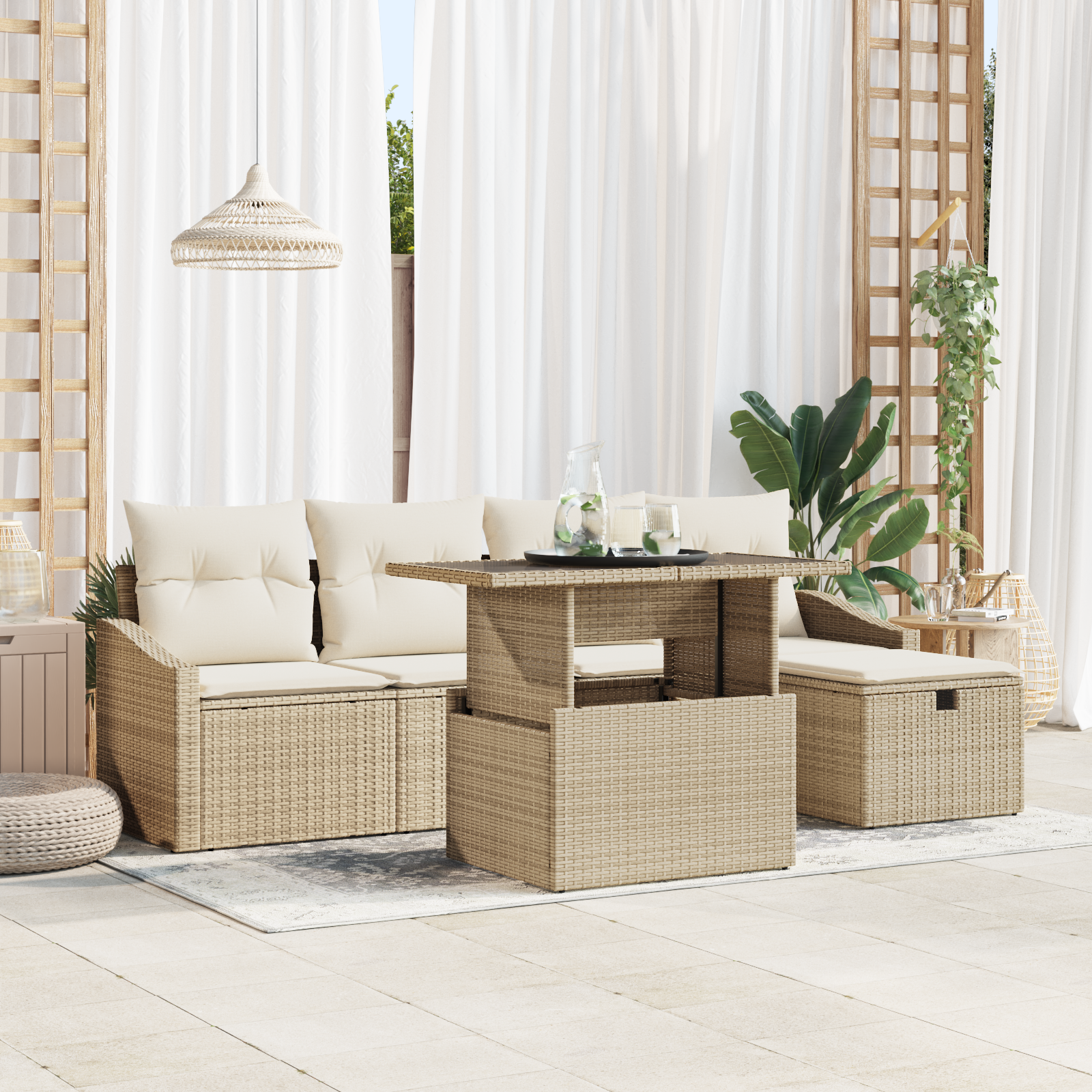 Set Divano da Giardino 6 Pezzi con Cuscini Beige Polyrattan