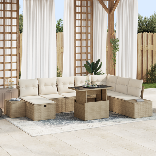 Set Divano Giardino 9 Pezzi con Cuscini Beige Poly Rattan