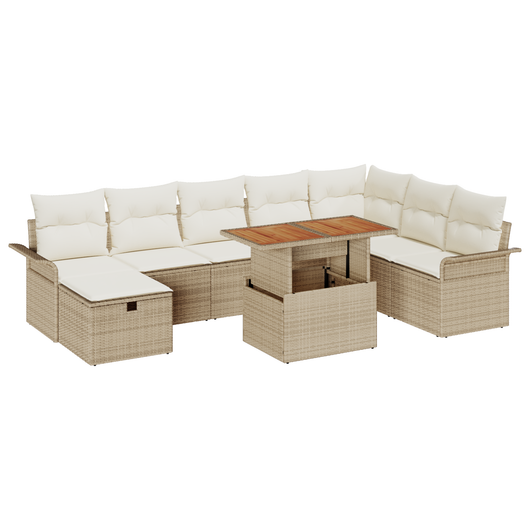 Set di Divano da Giardino 9 Pezzi con Cuscini Beige in Polirattan