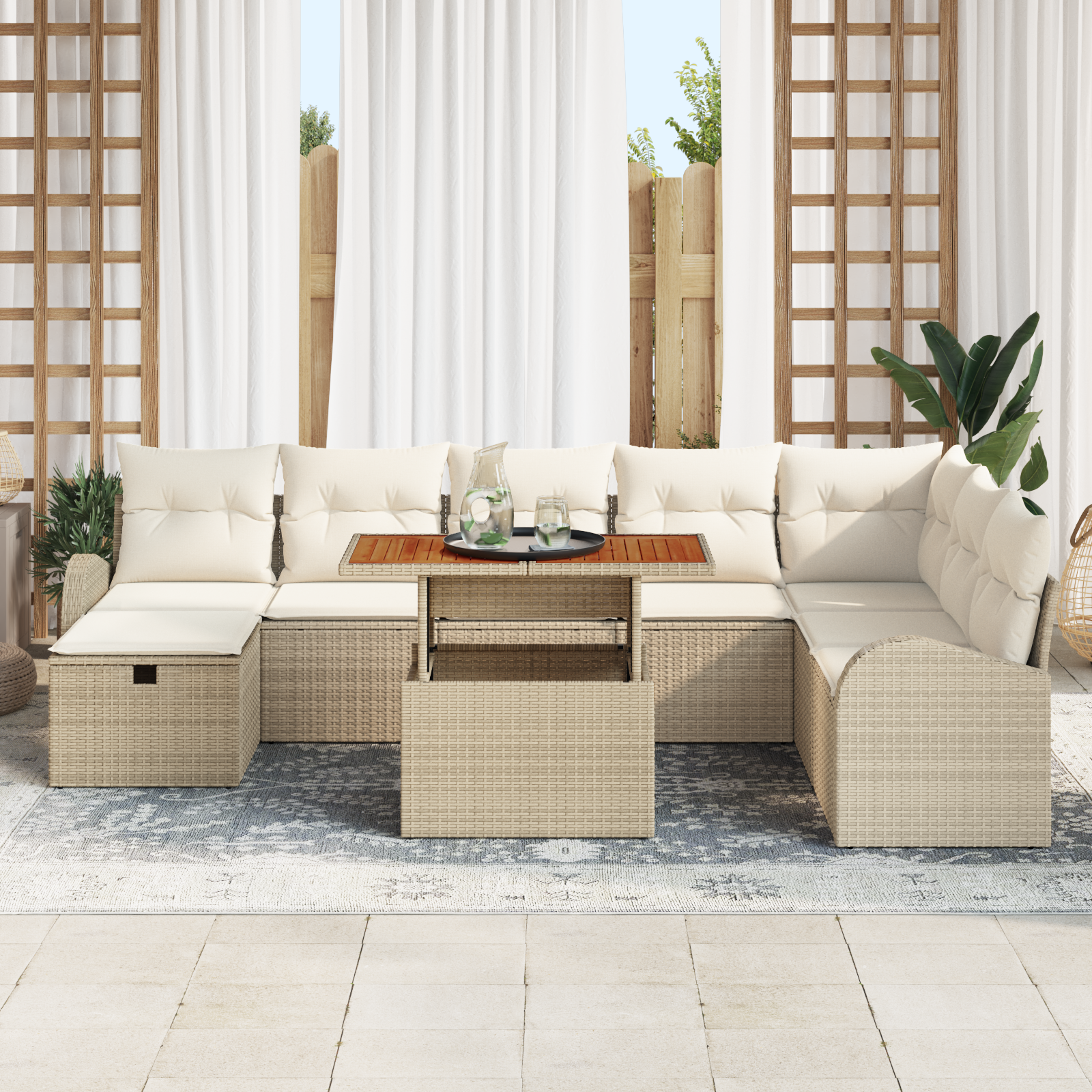 Set Divano da Giardino in 9 Pezzi con Cuscini Beige in Polyrattan