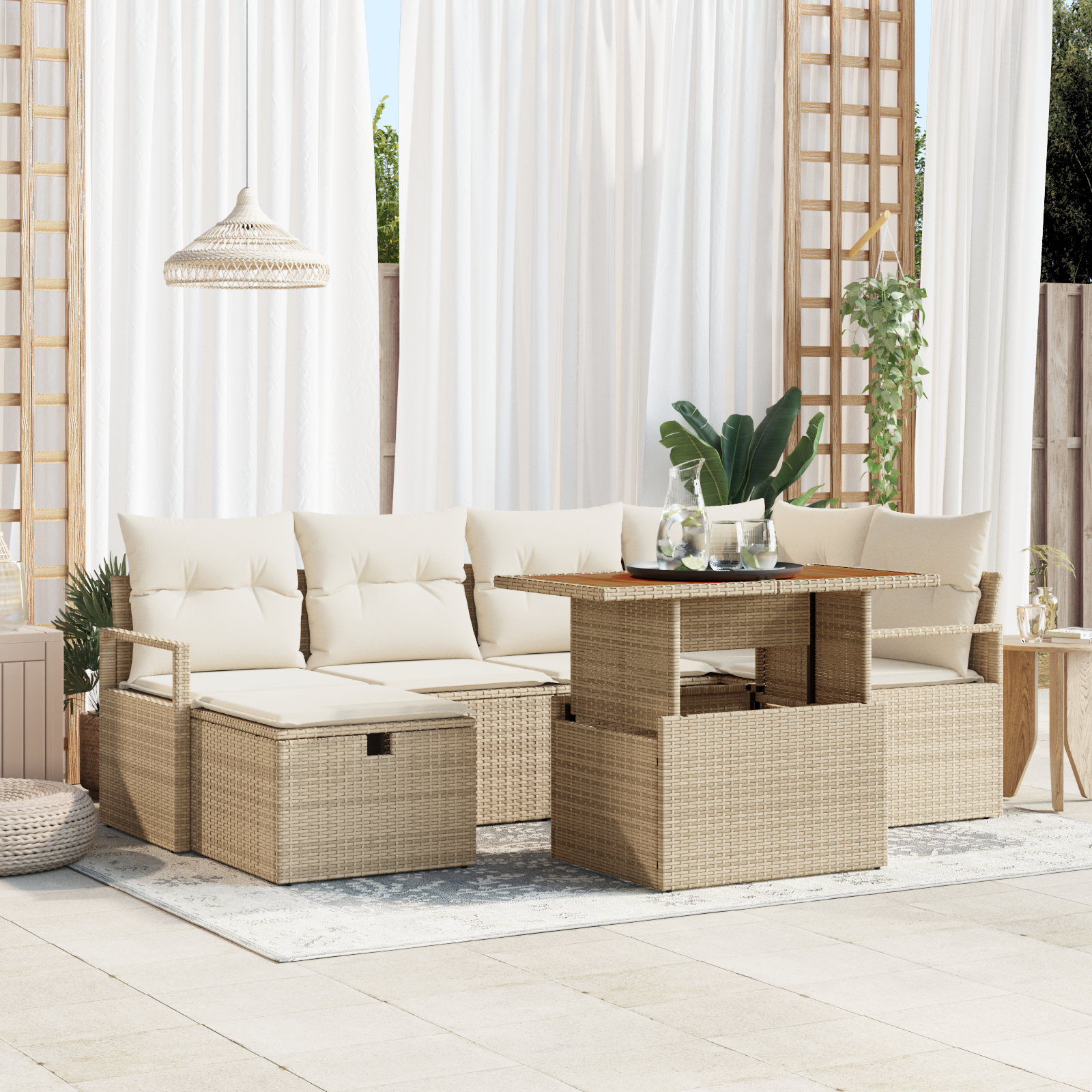 Set di Sofà da Giardino 7 Pezzi con Cuscini in Polyrattan Beige
