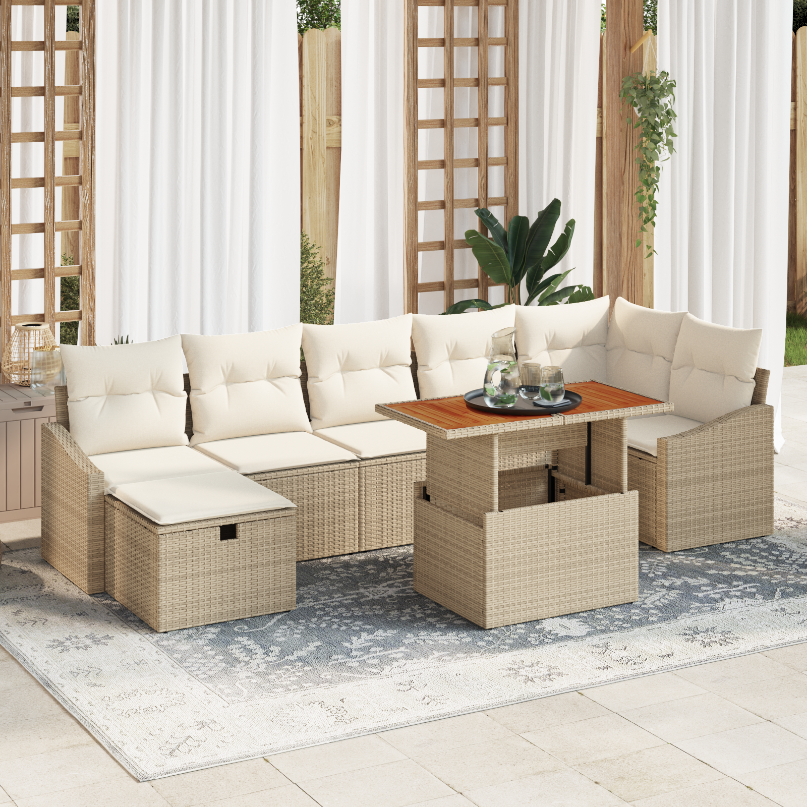 Set da Divano da Giardino in 8 Pezzi con Cuscini Beige Rattan