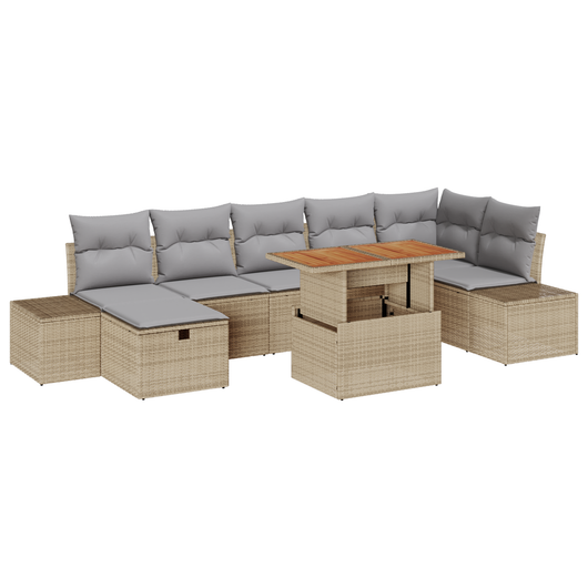 Set da Giardino da 8 Pezzi con Cuscini Beige in Rattan Poli Acacia