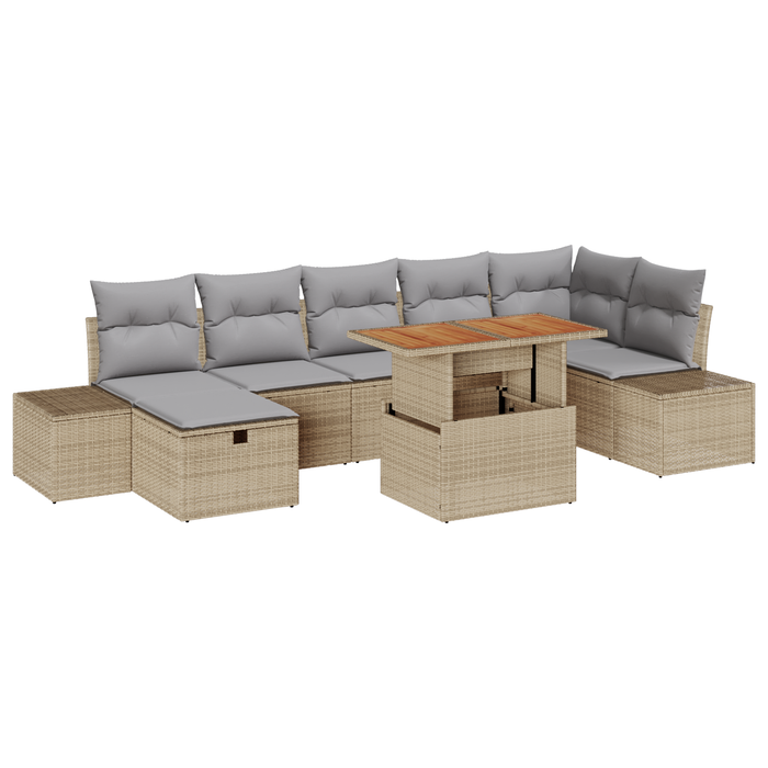 Set da Giardino da 8 Pezzi con Cuscini Beige in Rattan Poli Acacia