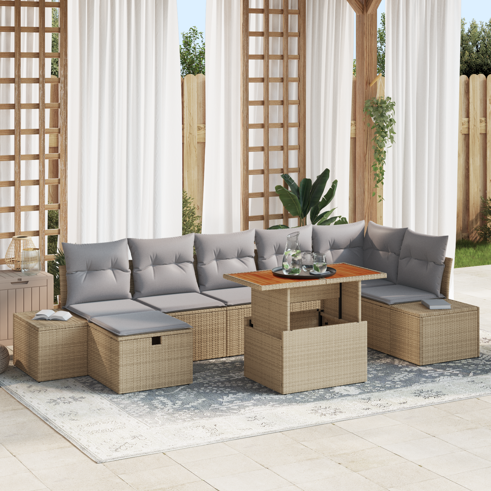 Set da Giardino da 8 Pezzi con Cuscini Beige in Rattan Poli Acacia