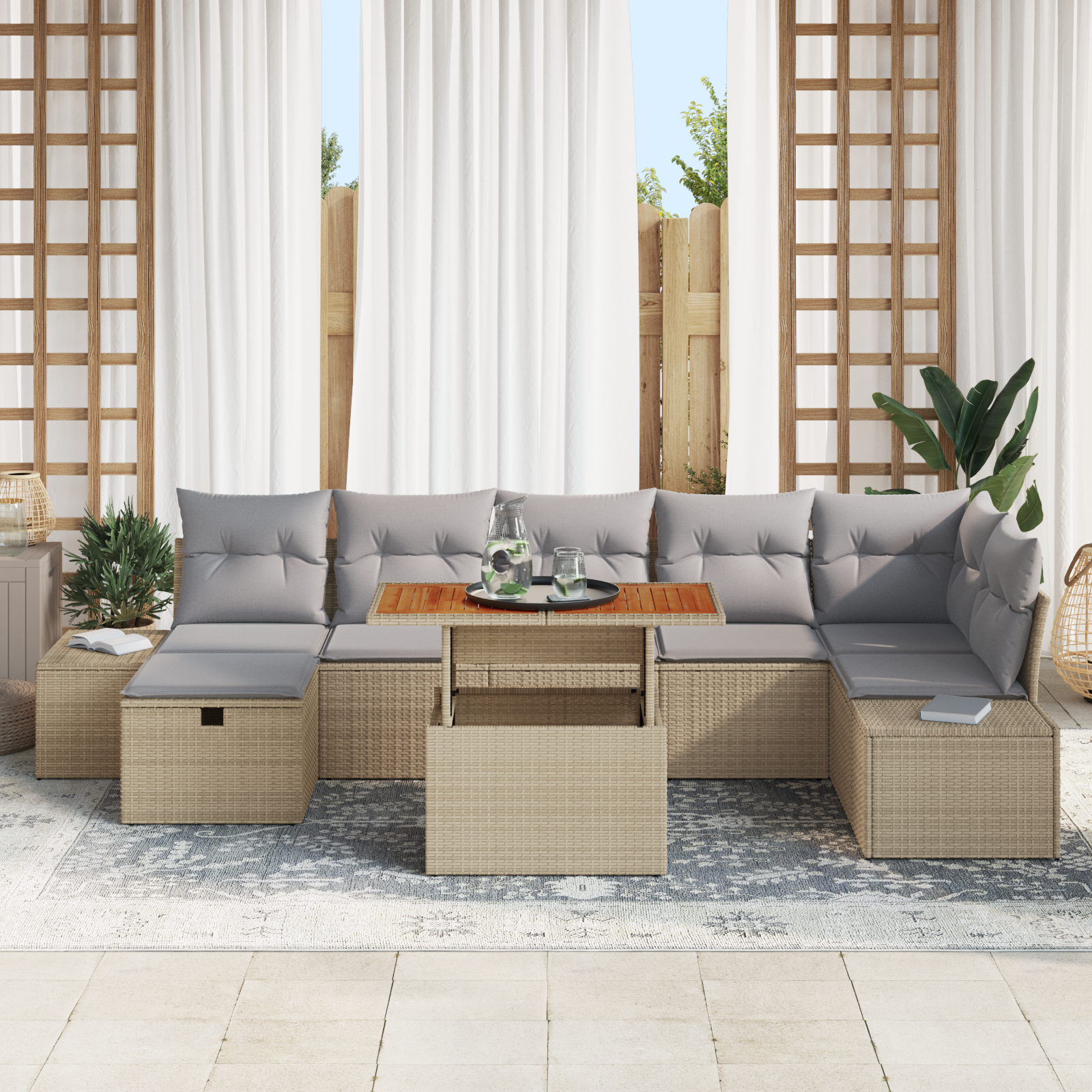 Set da Giardino da 8 Pezzi con Cuscini Beige in Rattan Poli Acacia