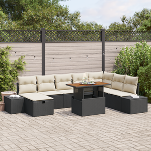 Set da Pranzo Giardino 9 Pezzi con Cuscini in Rattan Nero Acacia