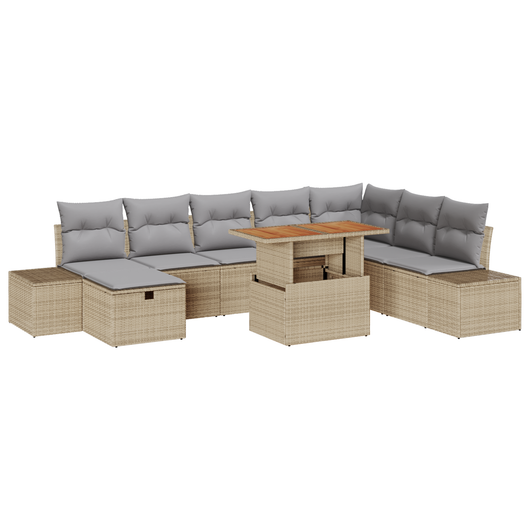 Set da Pranzo Giardino 9 Pezzi con Cuscini Beige Polyrattan Acacia