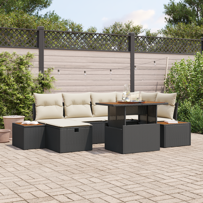 Set da Giardino  a 7 Pezzi con Cuscini Nero Polyrattan Acacia
