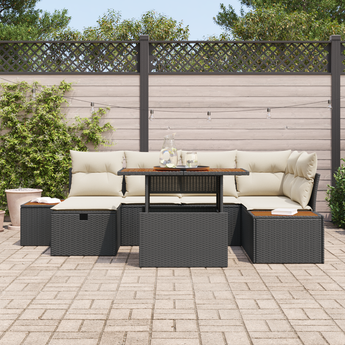 Set da Giardino  a 7 Pezzi con Cuscini Nero Polyrattan Acacia