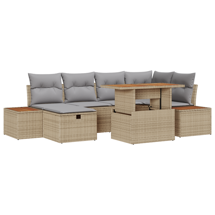 Set di divano da giardino 7 pezzi con cuscini beige in rattan poli acacia
