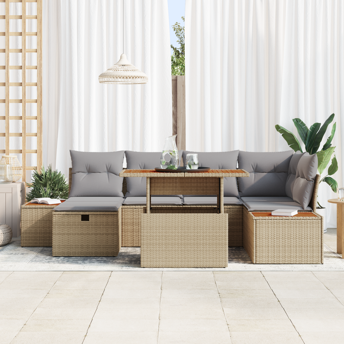 Set di divano da giardino 7 pezzi con cuscini beige in rattan poli acacia