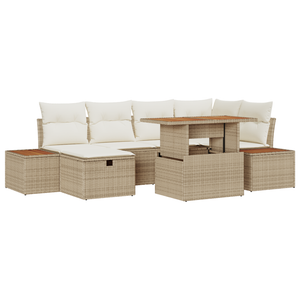 Set Divano da Giardino a 7 Pezzi con Cuscini Beige Polyrattan Acacia