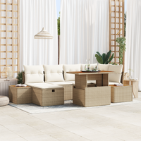 Set Divano da Giardino a 7 Pezzi con Cuscini Beige Polyrattan Acacia