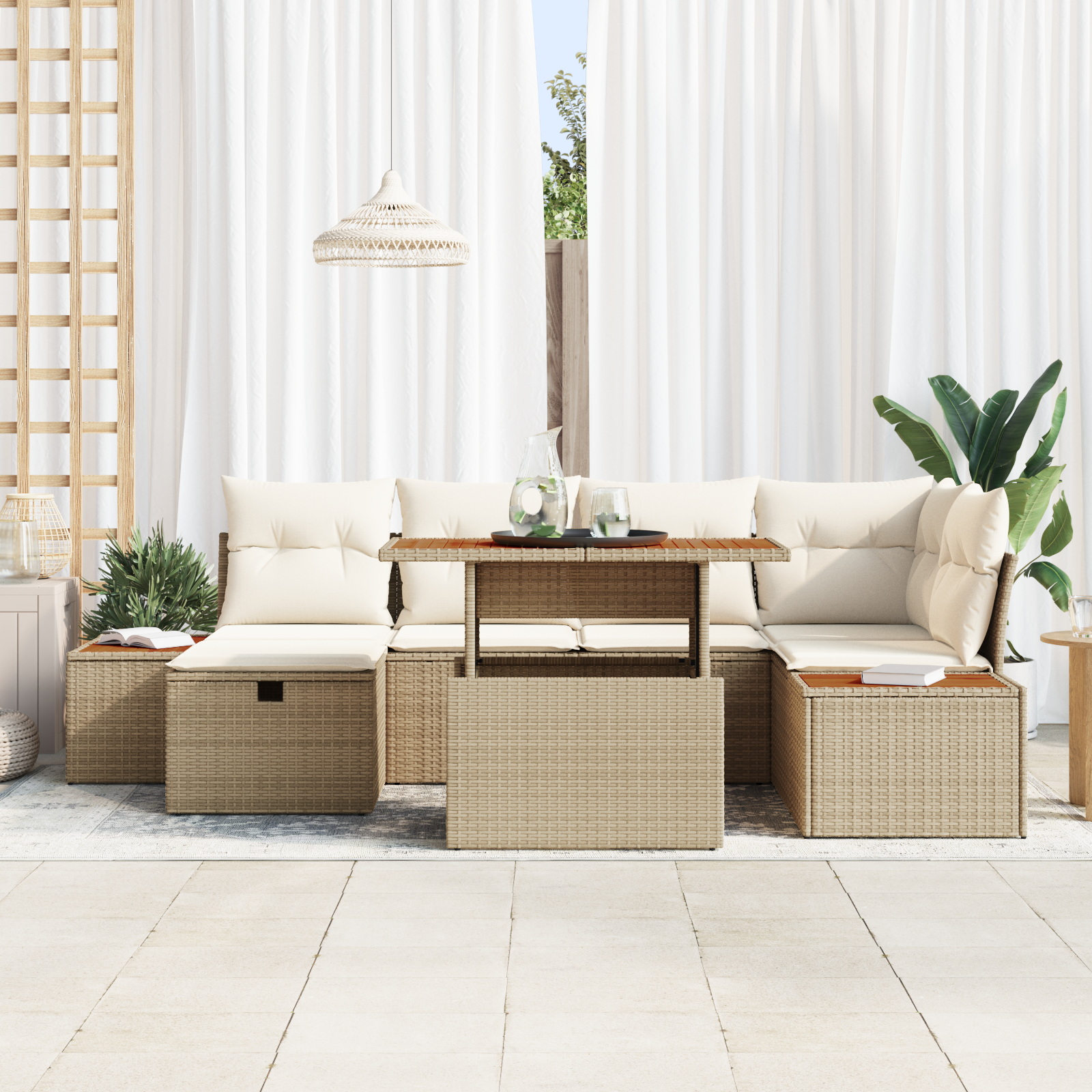 Set Divano da Giardino a 7 Pezzi con Cuscini Beige Polyrattan Acacia