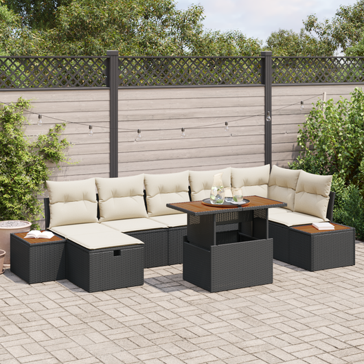 Set Divano da Giardino 8 Pezzi con Cuscini - Polyrattan Nero e Acacia