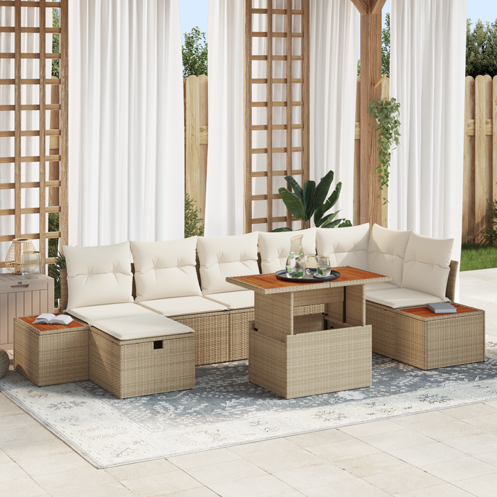 Set Divano Giardino 8 Pezzi con Cuscini Beige Rattan Poly Acacia