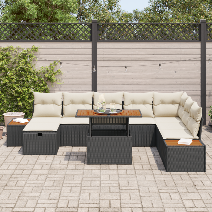 Set di Divani da Giardino 9 pezzi con Cuscini Nero Polyrattan Acacia di