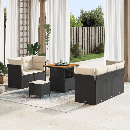 Set Divano da Giardino  a 8 pezzi con Cuscini Rattan Polietilene Nero Acacia