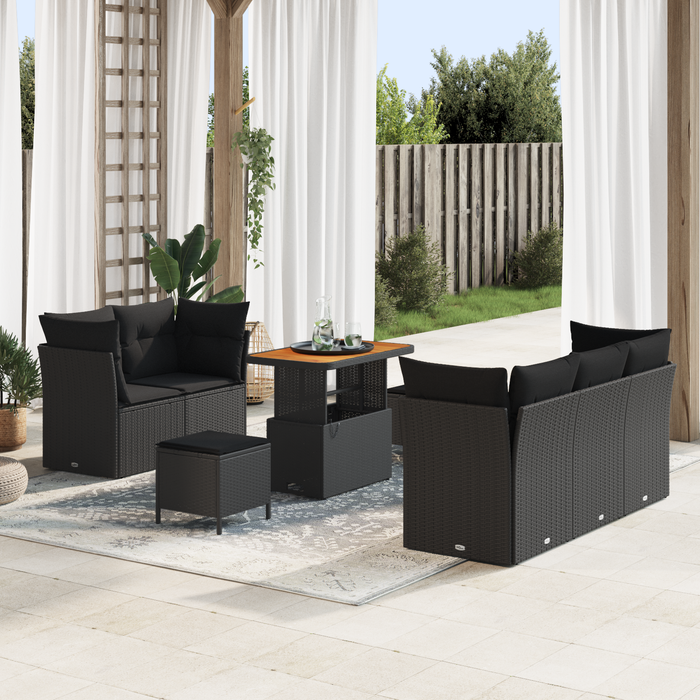 Set di divani da giardino 8 pezzi con cuscini in rattan poliestere nero di