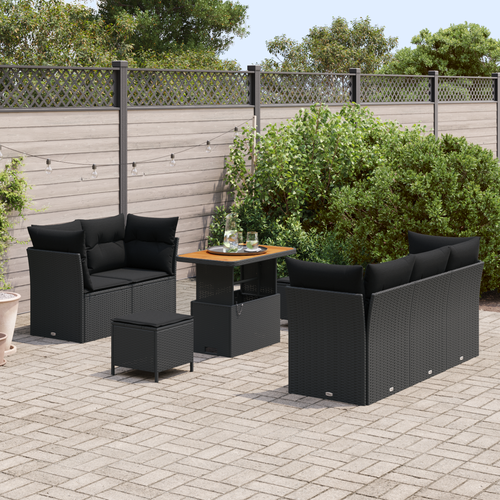 Set di divani da giardino 8 pezzi con cuscini in rattan poliestere nero di