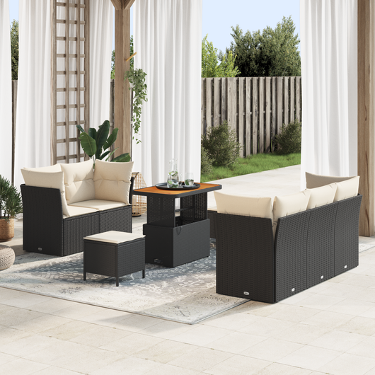 Set divani giardino da 8 pezzi with cuscini in rattan poliestere nero e acacia