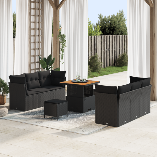 Set di divano da giardino 9 pezzi con cuscini neri in polyrattan e acacia