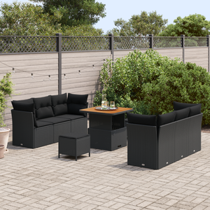 Set di divano da giardino 9 pezzi con cuscini neri in polyrattan e acacia