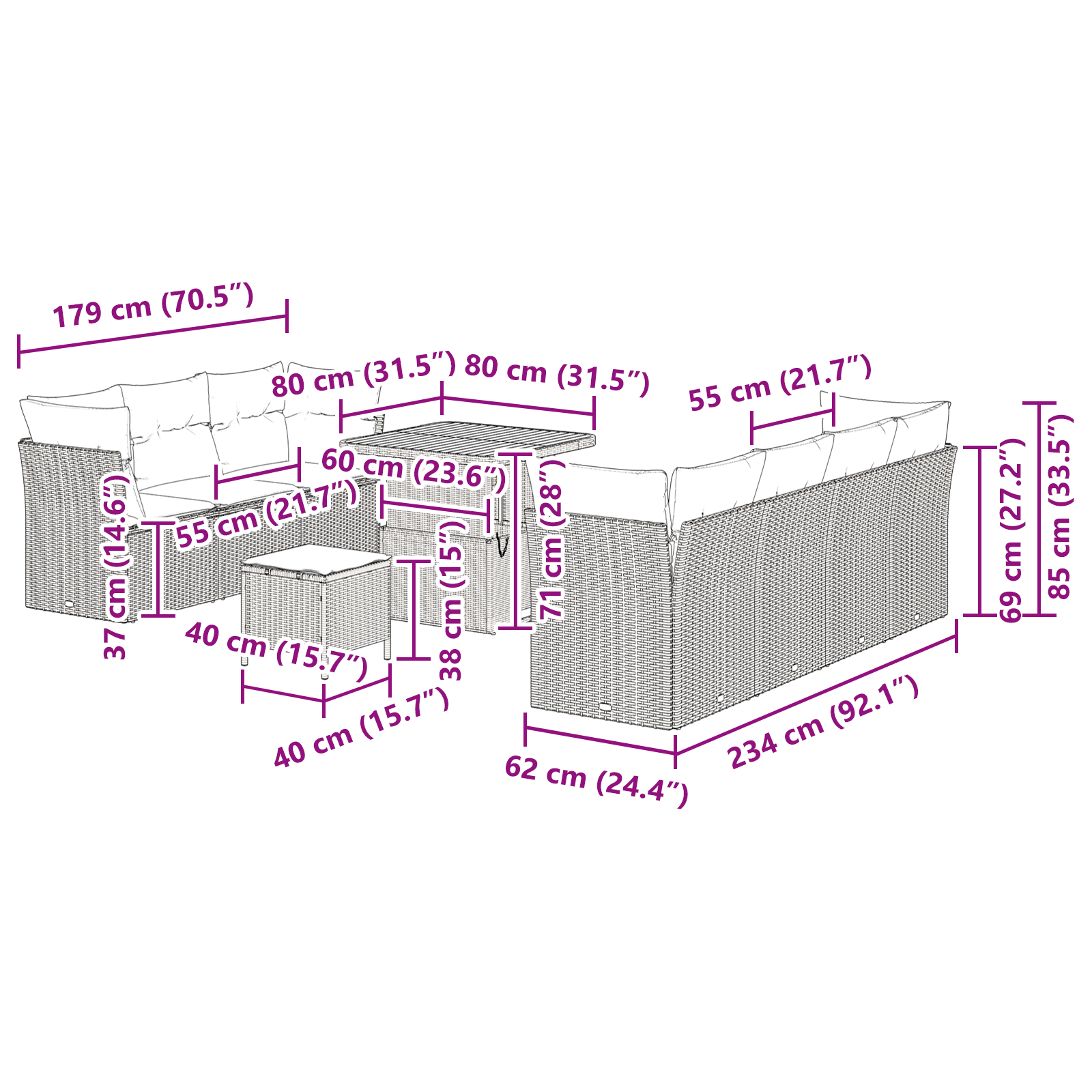 Set di divano da giardino in 10 pezzi con cuscini in rattan polietilene nero