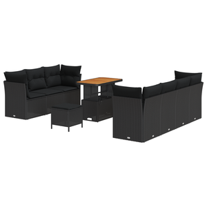 Set di Divani da Giardino con Cuscini  in 10 Pezzi Nero Polyrattan Acacia