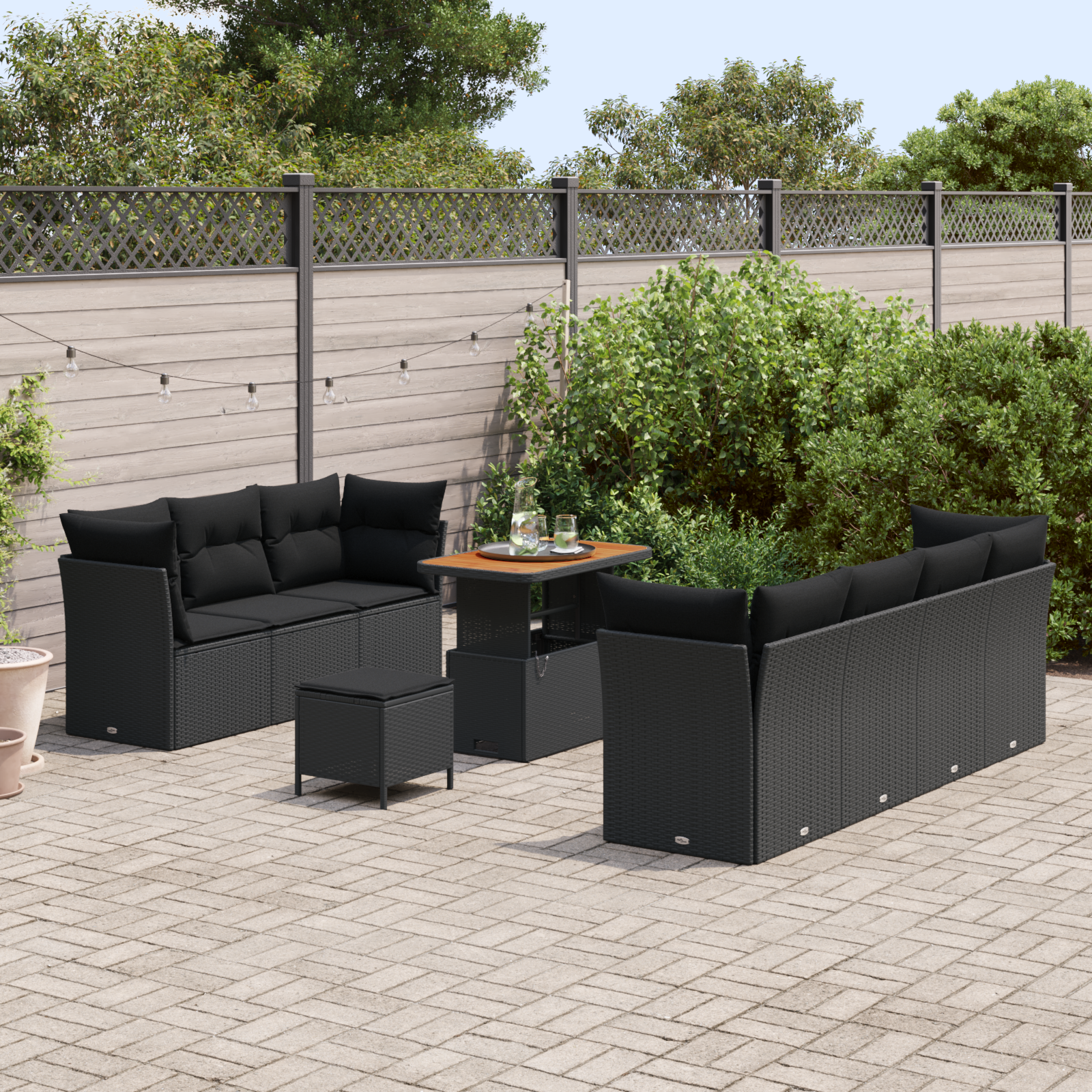 Set di Divani da Giardino con Cuscini  in 10 Pezzi Nero Polyrattan Acacia