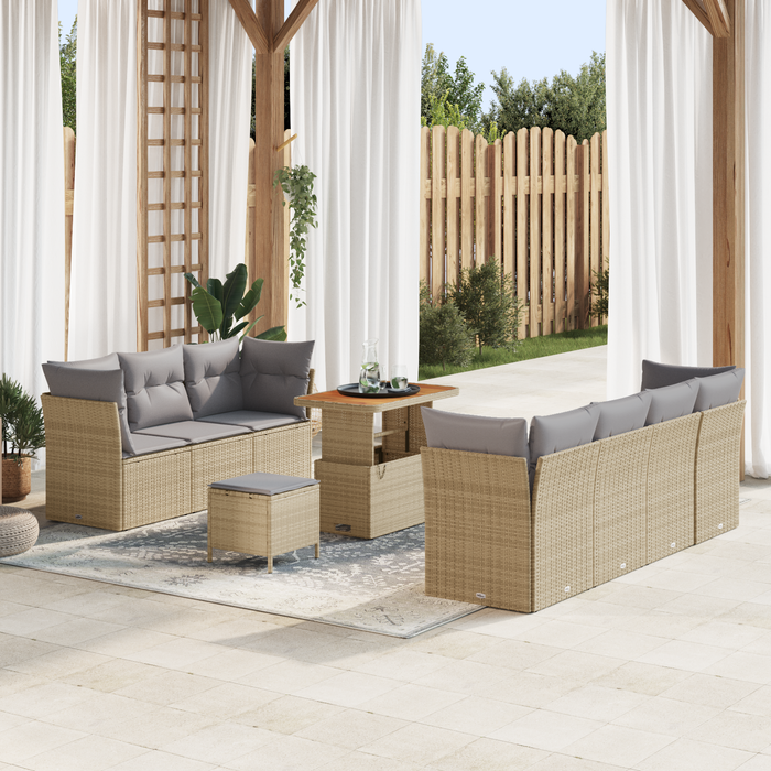 Set divani giardino  10 pezzi con cuscini beige rattan acacia