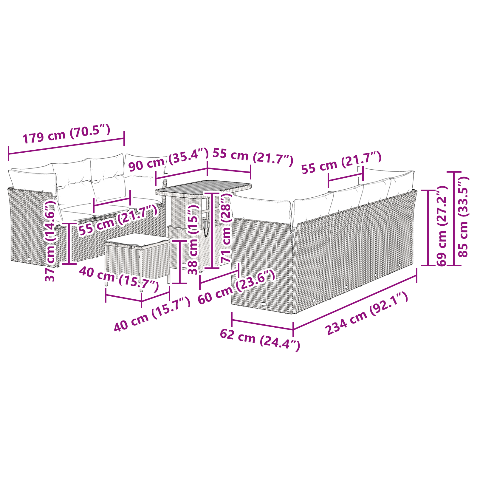 Set divani giardino  10 pezzi con cuscini beige rattan acacia