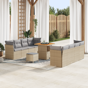 Set Divano da Giardino  da 11 Pezzi con Cuscini Beige Poly Rattan Acacia