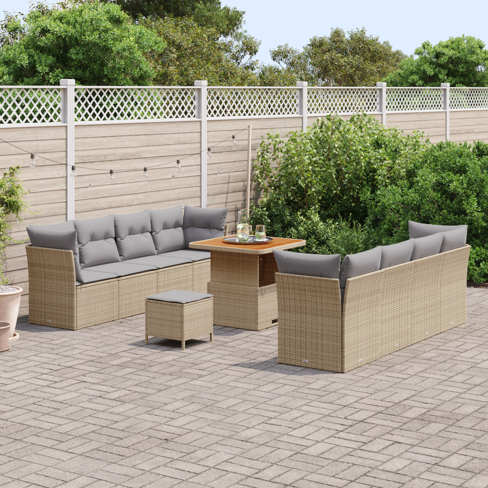 Set Divano da Giardino  da 11 Pezzi con Cuscini Beige Poly Rattan Acacia