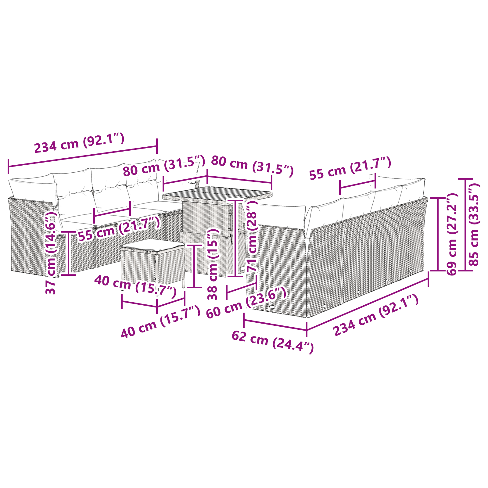 Set Divano da Giardino  da 11 Pezzi con Cuscini Beige Poly Rattan Acacia
