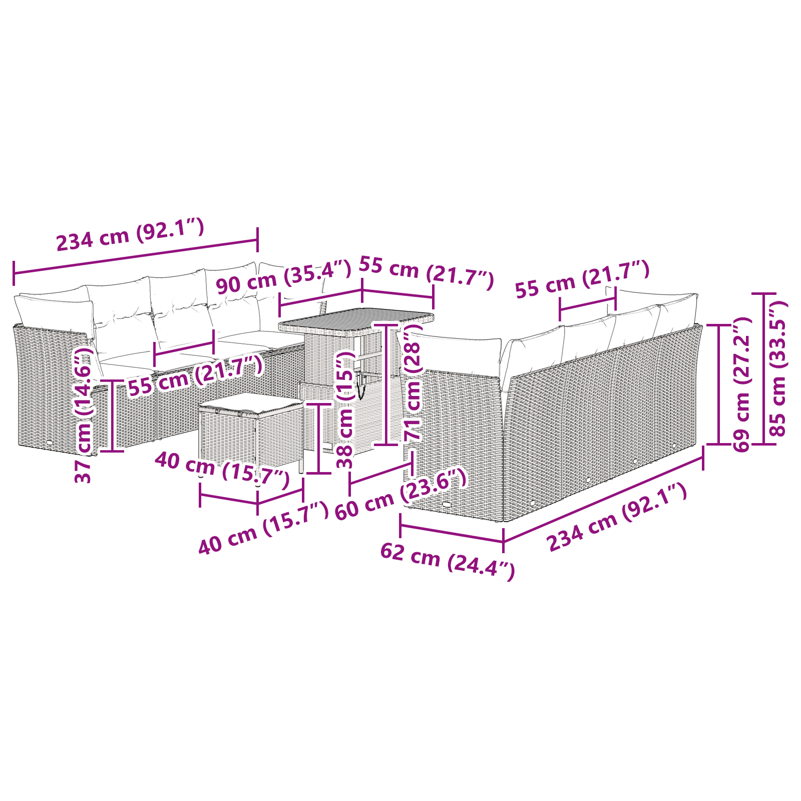Set di 11 Pezzi Divano da Giardino con Cuscini Beige Polyrattan Acacia