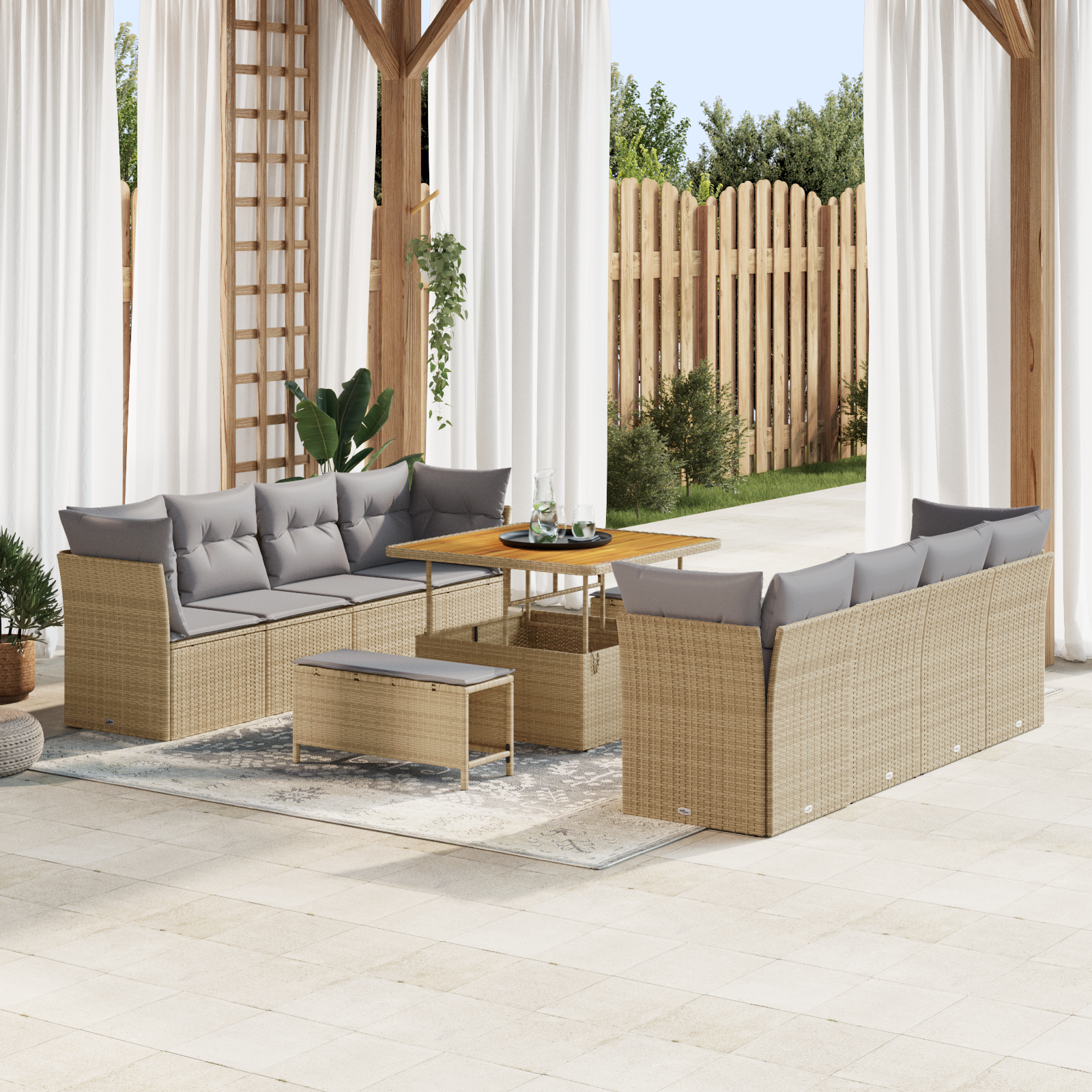 Set di Divani da Giardino 11 Pezzi con Cuscini Beige Polyrattan Acacia