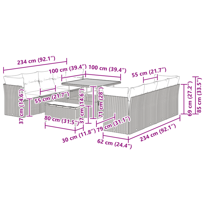 Set di Divani da Giardino 11 Pezzi con Cuscini Beige Polyrattan Acacia