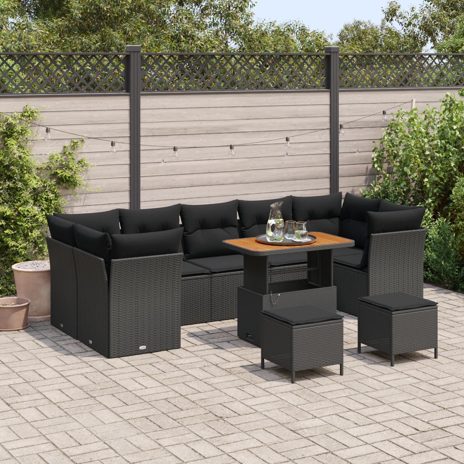 Set di Sofà da Giardino con 10 Pezzi e Cuscini Nero Polyrattan Acacia