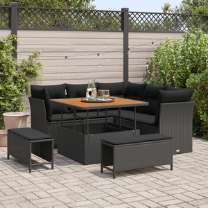 Set Divano da Giardino 8 Pezzi con Cuscini Rattan Nero Acacia