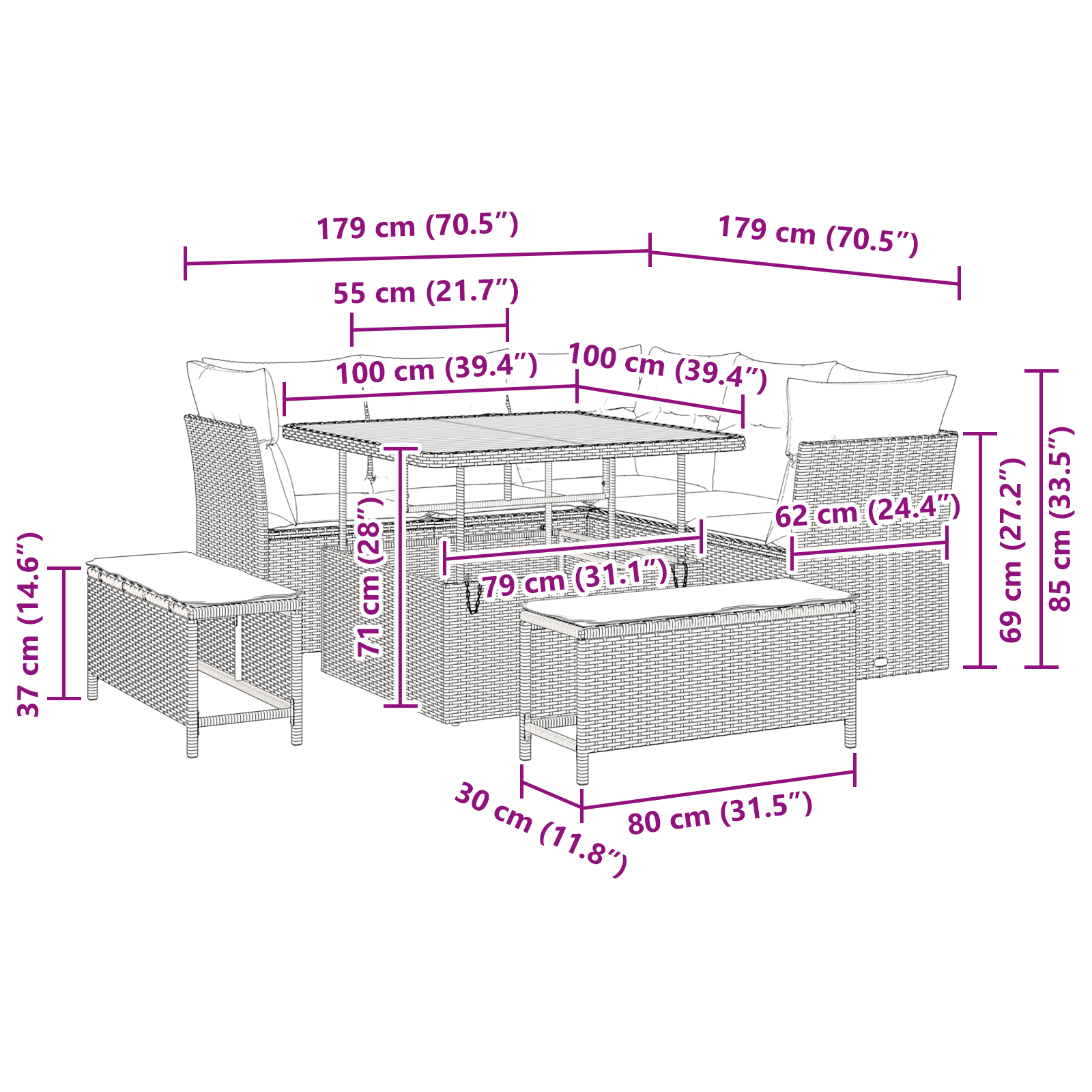 Set Divano da Giardino 8 Pezzi con Cuscini Rattan Nero Acacia