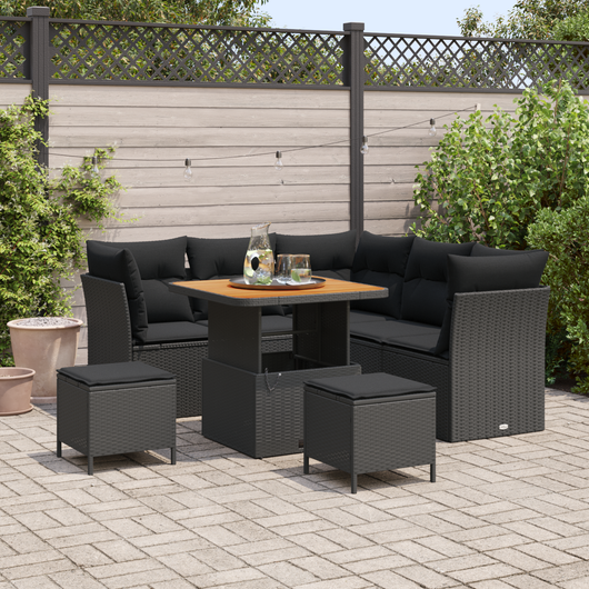 Set Divano Giardino 8 Pezzi con Cuscini in Polyrattan Nero Acacia