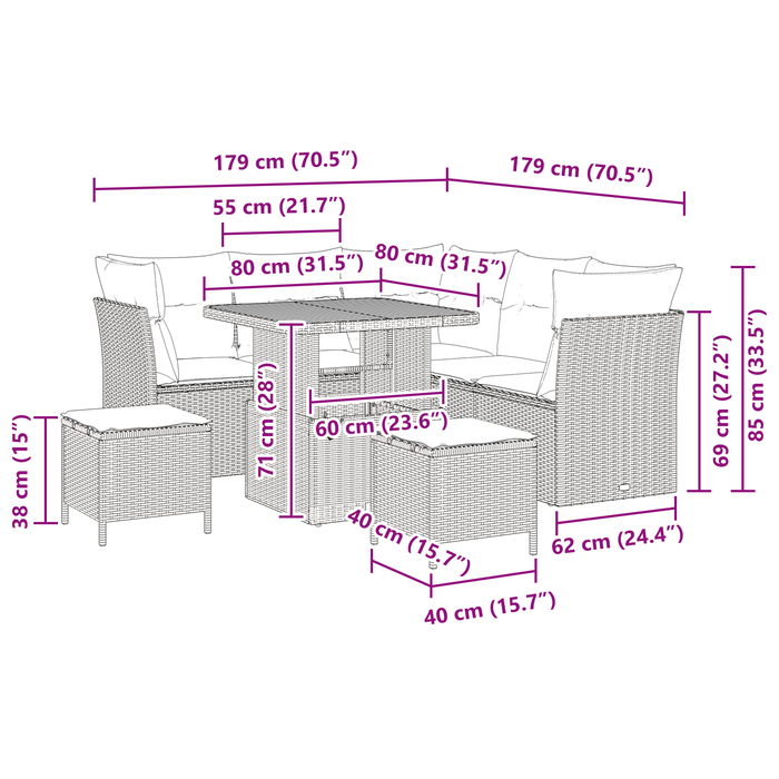 Set da Giardino 8 Pezzi con Cuscini Polyrattan Nero Acacia