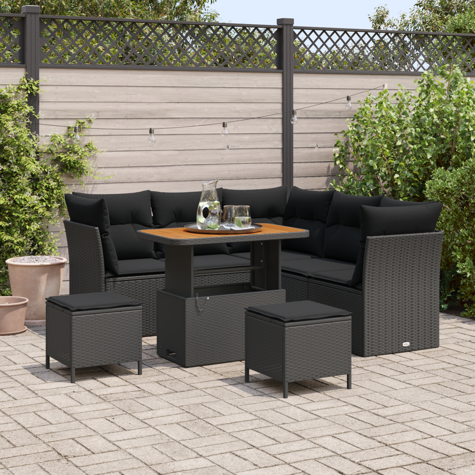 Set divano giardino 8 pezzi con cuscini in rattan nero e acacia