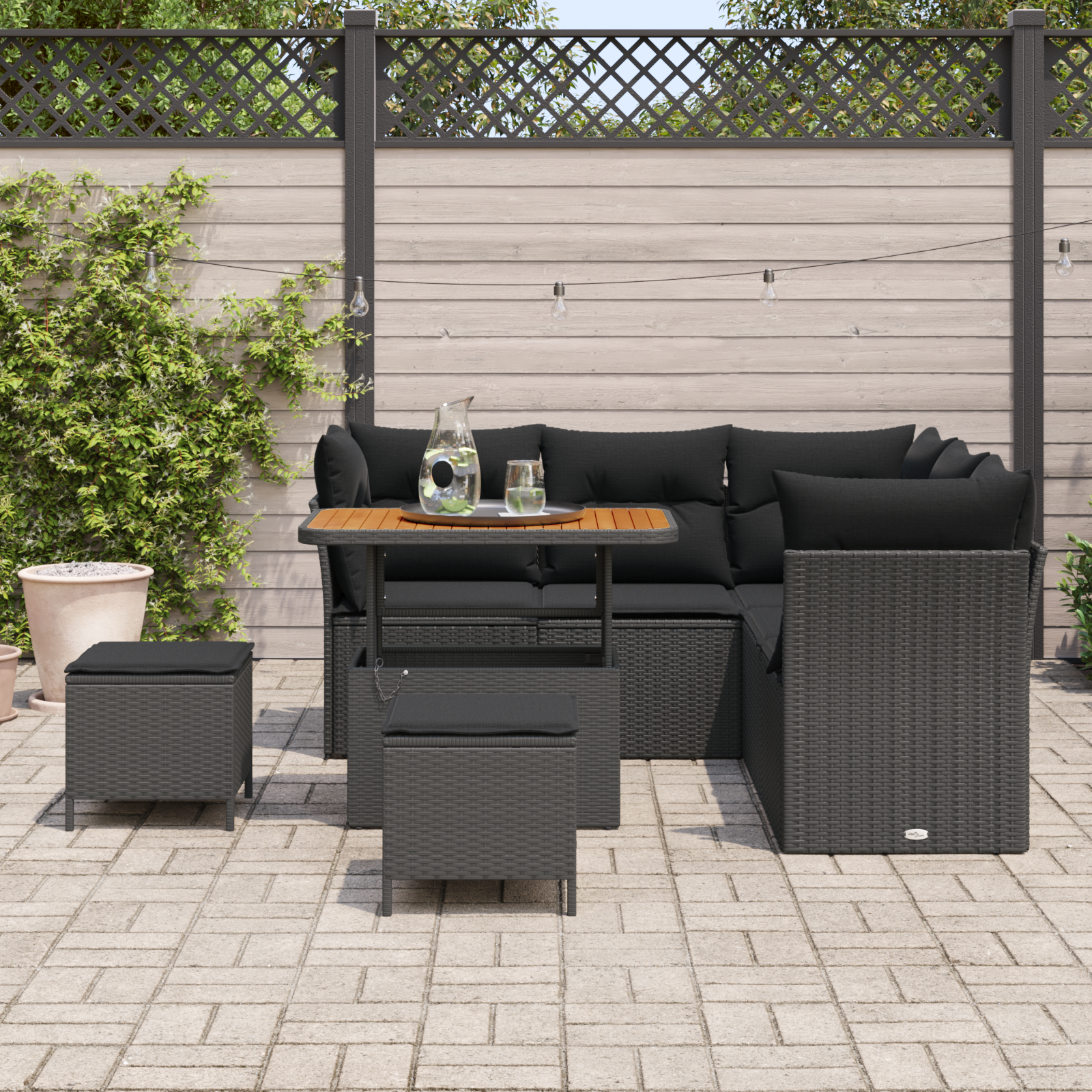 Set divano giardino 8 pezzi con cuscini in rattan nero e acacia