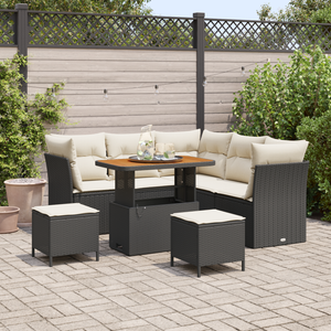 Set di Divani da Giardino da 8 Pezzi con Cuscini Nero Polyrattan Acacia
