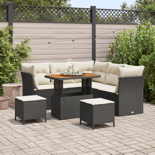 Set di Divani da Giardino da 8 Pezzi con Cuscini Nero Polyrattan Acacia