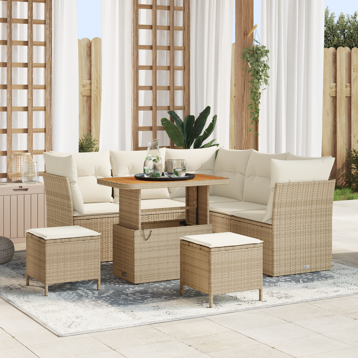 Set Divano da Giardino a 8 Pezzi con Cuscini in Rattan Poliestere Beige e Acacia