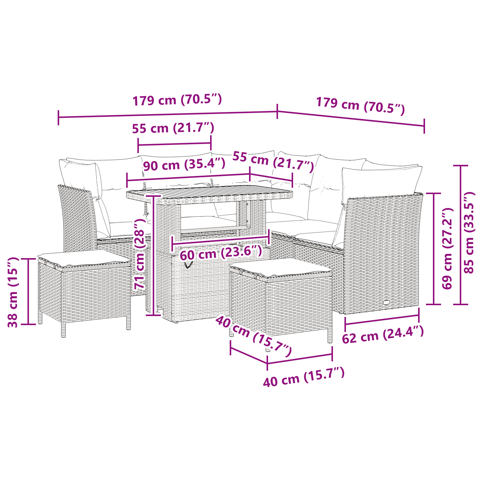 Set divano da giardino 8 pezzi con cuscini in polyrattan beige Acacia